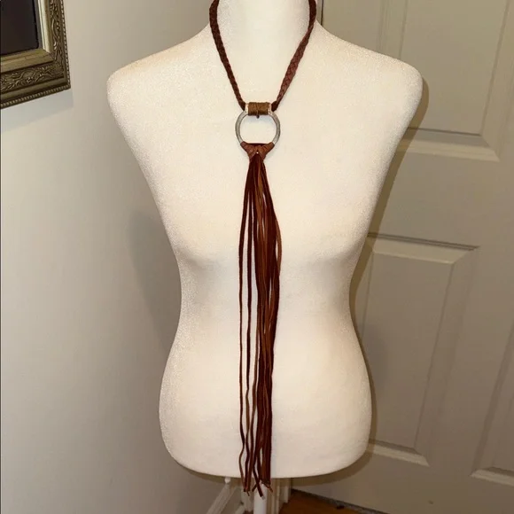 Braided Leather Necklace with Ring Accent - Picture 1 of 5